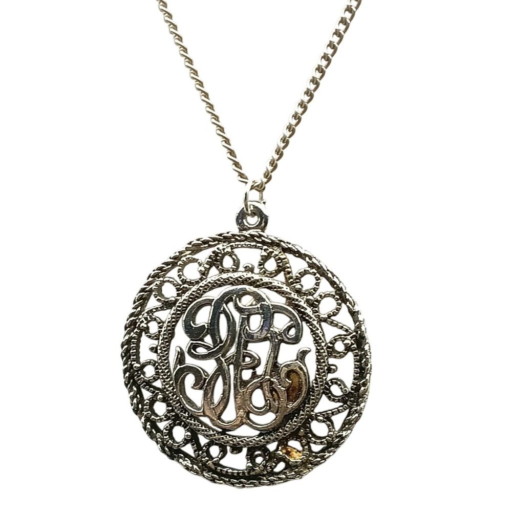 Vintage Monogrammed Filigree Pendant Necklace with Silver Tone Chain
